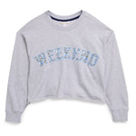 Heather gray sweatshirt with “WEEKEND” floral appliqué lettering