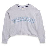 Heather gray sweatshirt with “WEEKEND” floral appliqué lettering