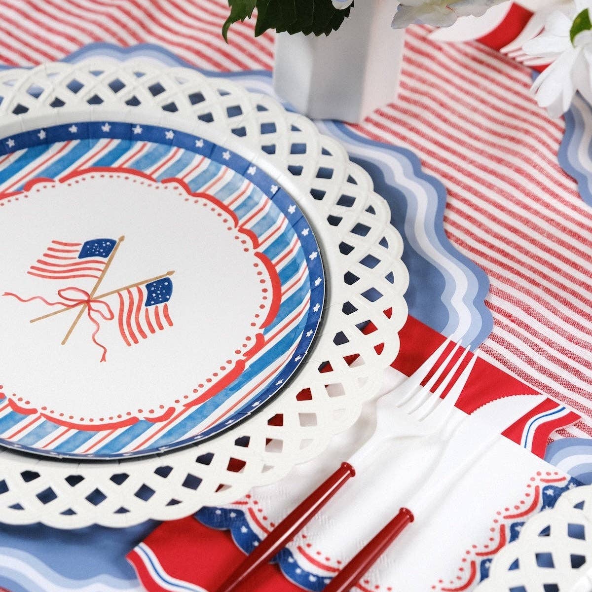 White Basketweave Paper Dinner Plates by Gatherings by Curated Paperie at Confetti Gift and Party Tuscaloosa Alabama
