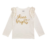 White long-sleeve top with 'shine bright' text in gold on a white background