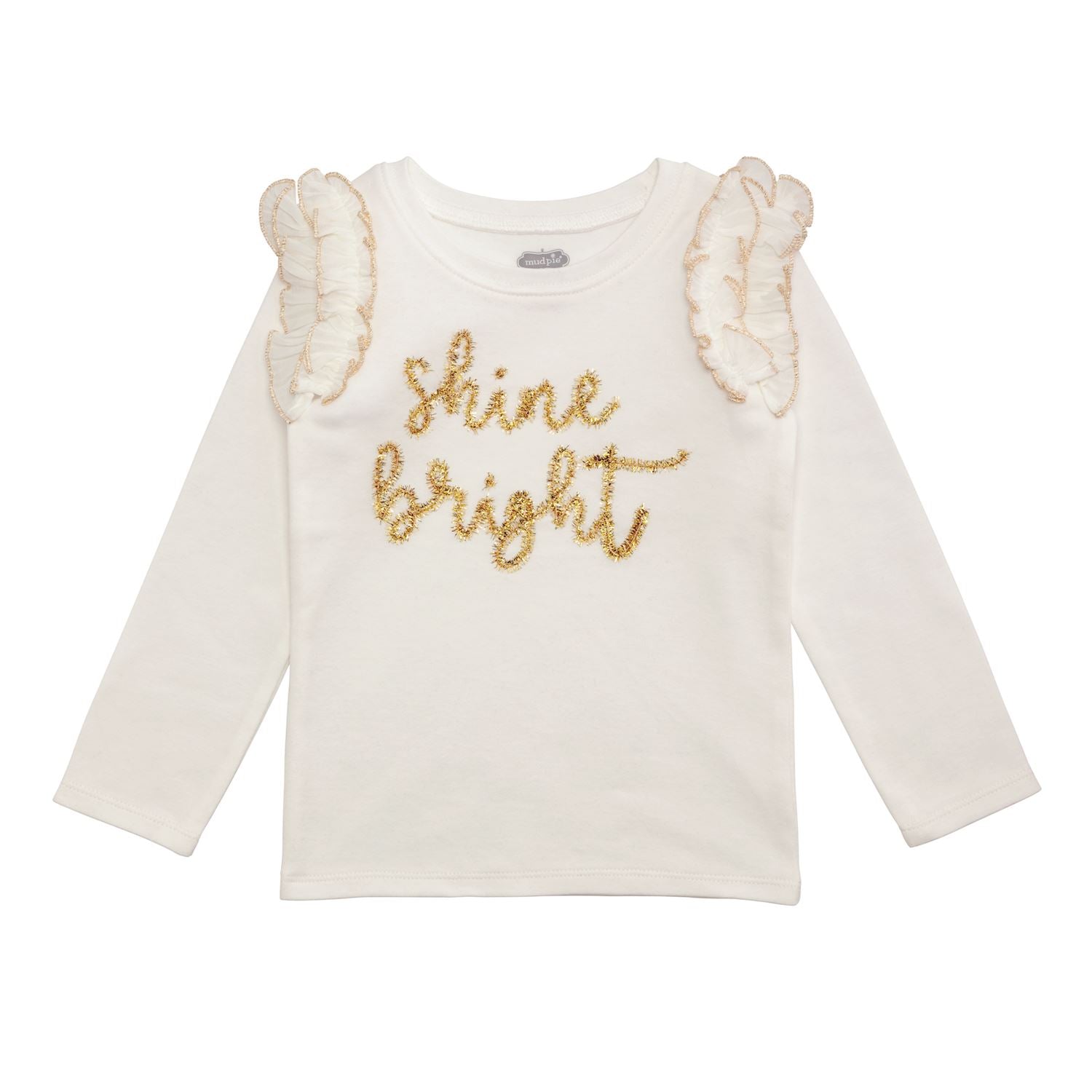 White long-sleeve top with 'shine bright' text in gold on a white background