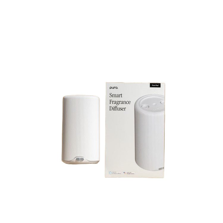 Pura Smart Fragrance Diffuser with ribbed white design and Pura Plus packaging.