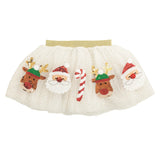 White mesh tutu skirt with gold dots and sequin Santa, reindeer, and candy cane for girls