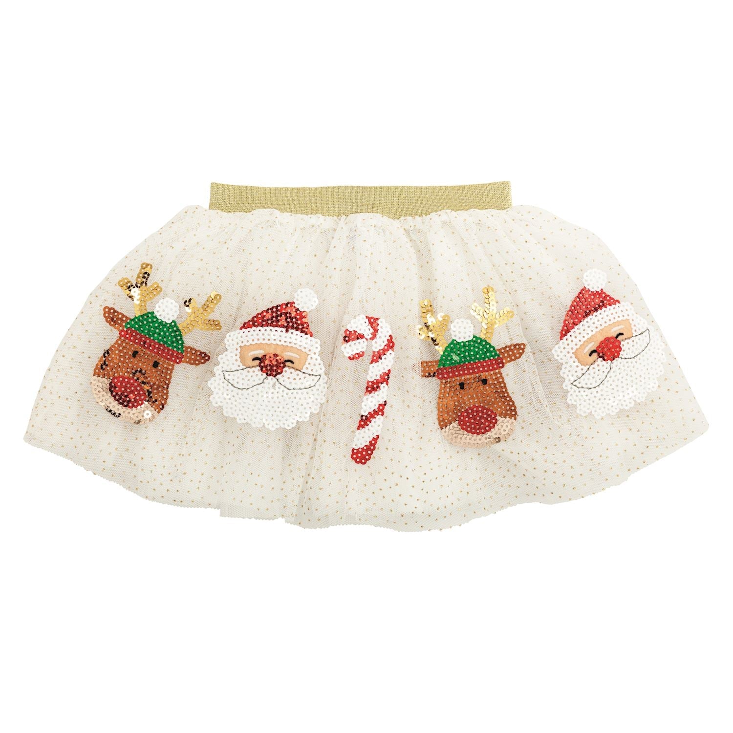 White mesh tutu skirt with gold dots and sequin Santa, reindeer, and candy cane for girls