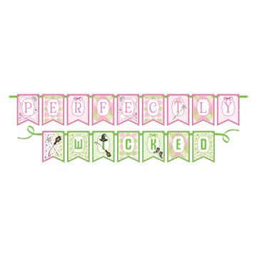 “Perfectly Wicked” party banner in pink and green with witch-themed watercolor illustrations