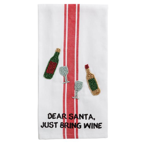 Cotton towel with red stripes featuring beaded wine bottles and glasses and “Dear Santa, Just Bring Wine” text.