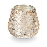 Winter White candle in clear pinecone-textured glass votive with fresh evergreen scent