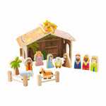 Wooden nativity set with barn and twelve figurines including Mary, Joseph, Baby Jesus, and Wise Men
