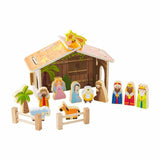 Wooden nativity set with barn and twelve figurines including Mary, Joseph, Baby Jesus, and Wise Men