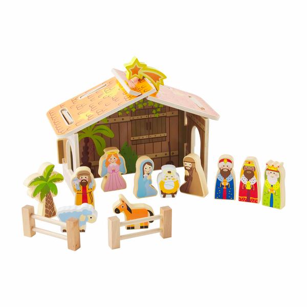 Wooden nativity set with barn and twelve figurines including Mary, Joseph, Baby Jesus, and Wise Men
