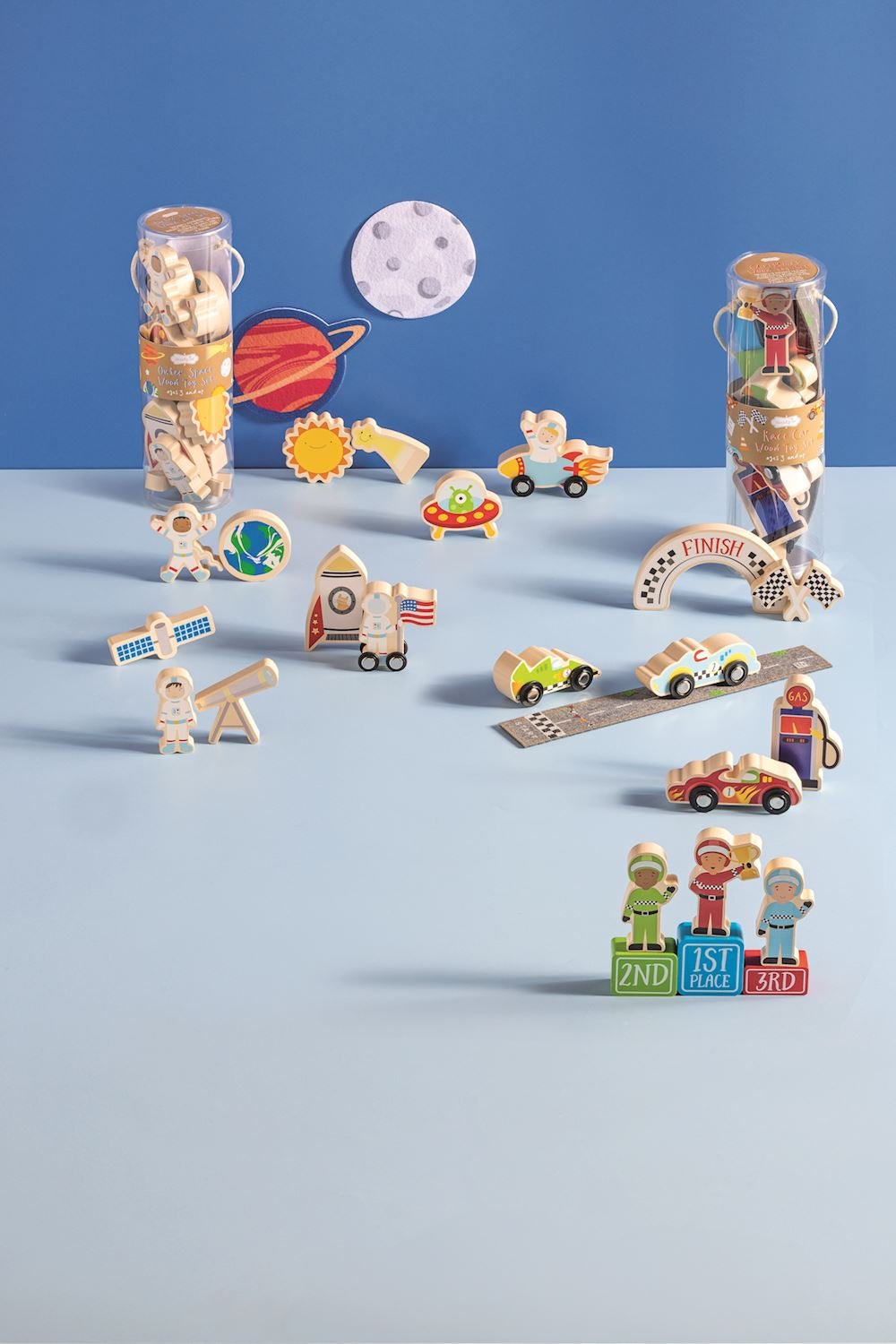 Wooden Race Car Toy Set – 13 - Piece Vehicle Play Kit in Carry Tube by Mud Pie at Confetti Gift and Party Tuscaloosa Alabama