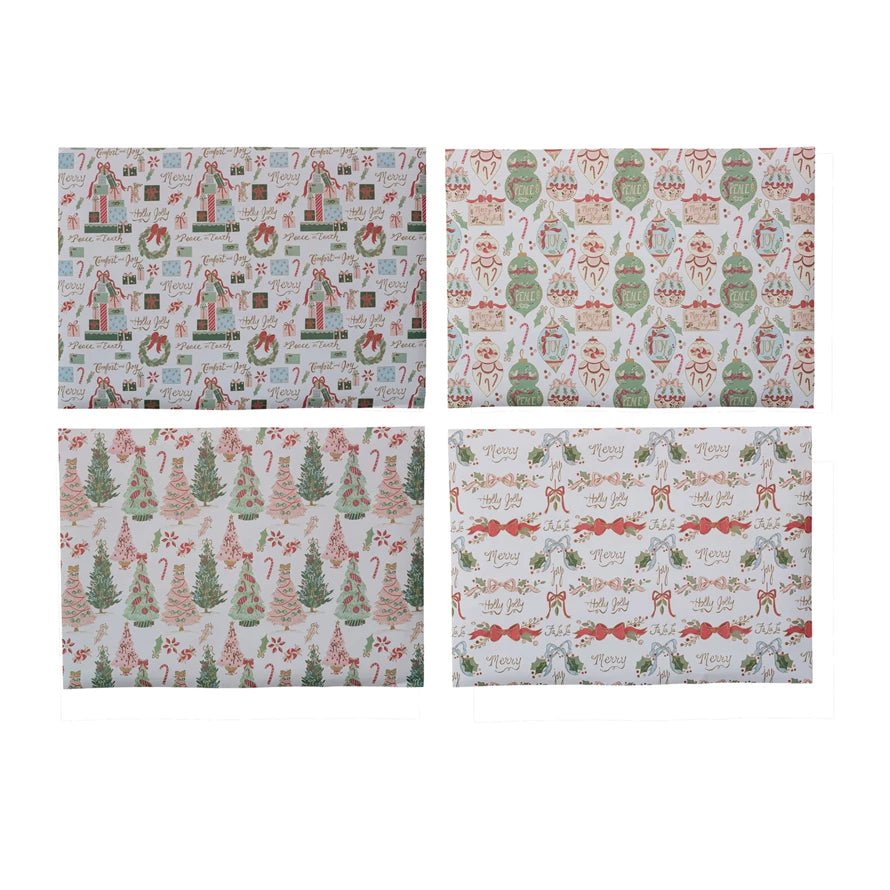 Handmade recycled Christmas wrapping paper sheets with holiday trim designs in assorted colors