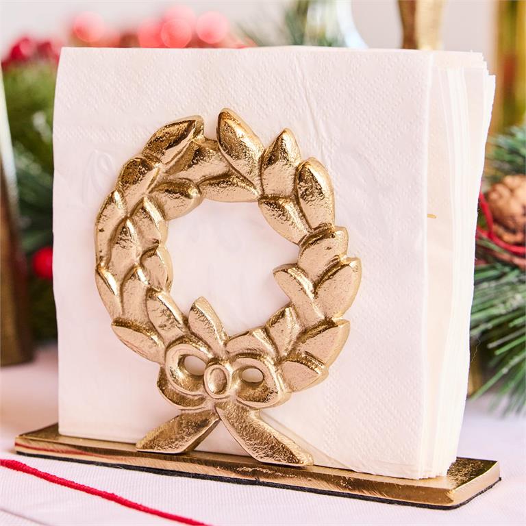 Gold wreath napkin holder by Mary Square, festive tabletop décor for holiday entertaining.