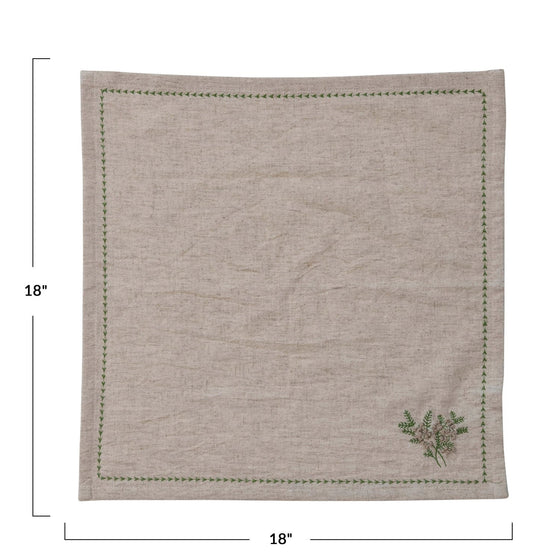18" Square Cotton Linen Napkins w/Botanical Embroidery & French Knots - #confetti-gift-and-party #-Creative Co Op