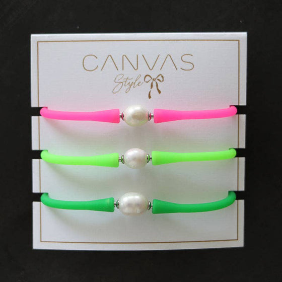Bali Freshwater Pearl Silicone Bracelet Stack of 3 in Neon Pink, Neon Green & Green - #confetti-gift-and-party #-CANVAS Style