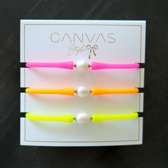 Bali Freshwater Pearl Silicone Bracelet Stack of 3 in Neon Pink, Neon Orange & Neon Yellow - #confetti-gift-and-party