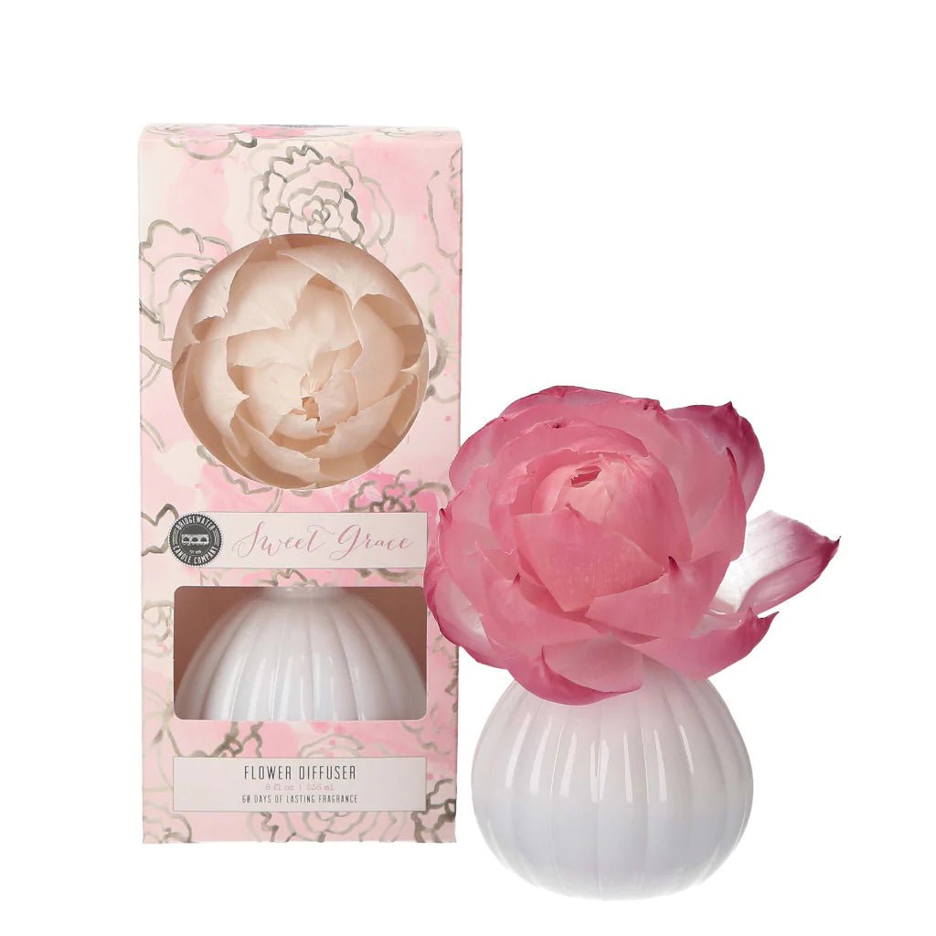 Sweet Grace Flower Diffuser with pink blooming flower and gift box